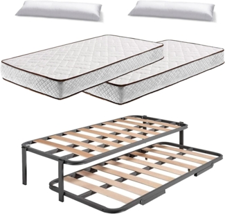 HOGAR24 ES. Es-Bett, verstärkte Struktur, doppelte obere Stange (4 Beine) + 2 Flexitex + 2 Kissen aus Faser, 80x180 cm