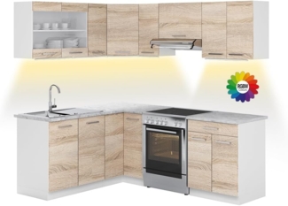Vicco Eckküche Weiß/Sonoma 207 cm , AP Marmor mit LED-Leisten, Rick
