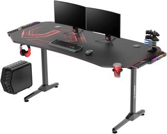 ULTRADESK Frag XXL RGB LED | Gaming-Schreibtisch mit großer Arbeitsfläche & XXL-Pad, 2 Kabeldurchlässe | Gut für Home Office, Fach für Steckdosenleisten | Stahlgestell, Rotes Pad, 160x75 cm