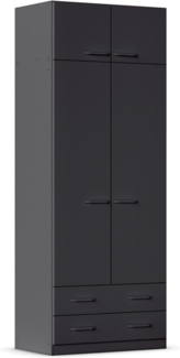 Rauch Möbel Prandon, Drehtürenschrank, Kleiderschrank mit Aufsatzelement, Schrank, Garderobe, 2-türig, 2 Schubladen, mit weiterem Zubehör, Farbe Grau metallic, Schwarz, Schalengriff, 91 x 235 x 54 cm