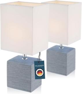 Nachttischlampe 2er Set Grau Lampenschirm Tischlampe E14 eckig Stoff Weiß Klein