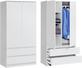 Home Collective Kleiderschrank mit 2 Türen, 3 Einlegeböden und 2 Schubkästen in Weiß (Schrank Garderobenschrank für Schlafzimmer, Kinderzimmer, Flur, Keller) Kleiderschrank 90 cm breit mit Schubladen Höhe 182 cm