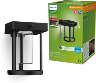 Philips Outdoor Ultra-Efficient Solar Camill Wandleuchte 1,4W, Dual-Bright Sensor, rund, klar, 3000 Kelvin, IP44 wetterfest, schwarz