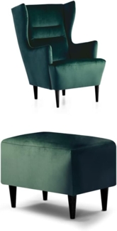 Traumnacht Ohrensessel Lukas, bequemer und moderner Relaxsessel, Polstersessel für Wohnzimmer und Esszimmer, produziert nach deutschem Qualitätsstandard, grün (Samt) + passender Fußhocker, grün (Samt)