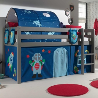 Vipack Spielbett 'Pino' grau mit Textilset Vorhang, Tunnel und 3 Taschen 'Astro'