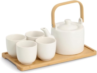 ZELLER 26529 Tee-Set, 6-tlg. Steingut/Bambus, weiß