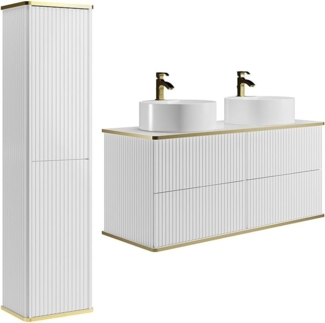 Vente-unique - Waschbeckenunterschrank hängend mit rundem Aufsatzwaschbecken und Säule - Streifenoptik - Weiß - 120 cm - KELIZA