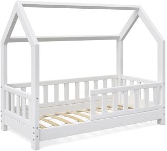 VitaliSpa Kinderbett Hausbett Wiki 70x140 cm Natur Kinder Bett Holz Haus Schlafen Hausbett Spielbett Inkl. Lattenrost und Zaun Fallschutzgitter (weiß)