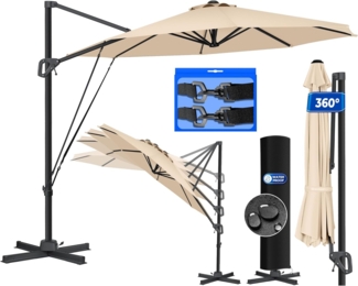 KESSER® Sonnenschirm Ampelschirm SUN Rund XL Ø330 cm Inkl. Abdeckung + Windsicherung 7-Fach Verstellbar Neigbar Kippbar Groß 360° Drehbar Gartenschirm mit Kurbel Sonnenschutz UV50+ Beige