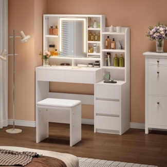YITAHOME Schminktisch mit LED-Beleuchtung Kosmetiktisch mit 5 Schubladen Frisiertisch mit Spiegel Hocker 8 Offenen Fächern Verstellbaren Ablagen Schminktisch mit Spiegel und Beleuchtung Weiß