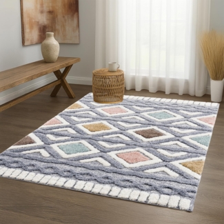 Teppich Wohnzimmer Hochflor - 200x290cm - Einfarbig - Pastell Multi - Boho - Modern Raute Ornamente - Skandinavisch Flauschig Weich - Schlafzimmer
