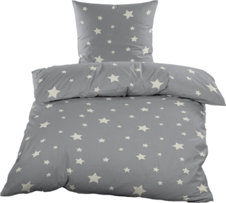 Casa Colori Bettwäsche Biber 135x200 cm Baumwollmischung mit Reißverschluss, Biber, 2 teilig, Anthrazit Grau Sterne