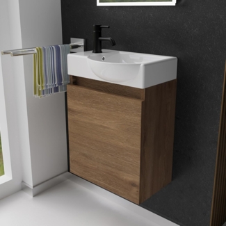 Alpenberger Badmöbel-Set Gäste WC Waschbecken mit Unterschrank - Hängeschrank Vormontiert, (Badschrank 2-tlg, Waschtisch hängend), Waschbeckenunterschrank mit Softclose - Farbe Eiche - Rechts Becken