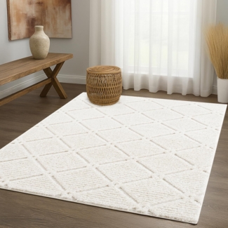 Teppich Wohnzimmer - Hochflor - Boho - Cream - 160x230cm - Einfarbig - Modern Raute Meliert Muster - Skandinavisch Flauschig Weich - Wohnteppich Schlafzimmer Dekoration