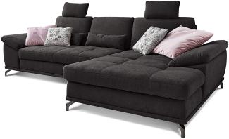 Cavadore Schlafsofa Castiel mit Federkern / Großes Bettsofa in L-Form mit Bettkasten, Sitztiefenverstellung, Kopfstützen und XL-Longchair / 312 x 114 x 173 / Webstoff, Schwarz