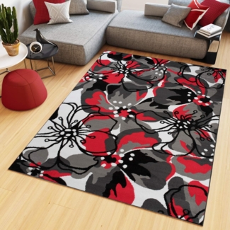 TAPISO Maya Teppich Wohnzimmer Kurzflor Modern Floral Blumen Design Schwarz Grau Rot Weiß Schlafzimmer Kinderzimmer ÖKOTEX 140 x 200 cm