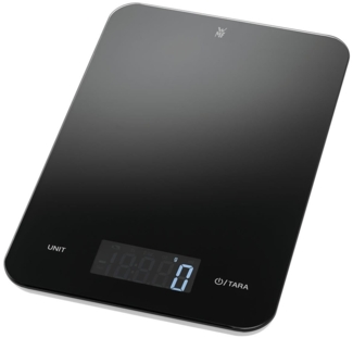 WMF Digitale Küchenwaage schwarz 23 x 15 x 2 cm, Backwaage, Haushaltswaage, Küchenwaage digital, Sicherheitsglas, grammgenau, Tara-Funktion, 5kg Maximalgewicht, schwarz