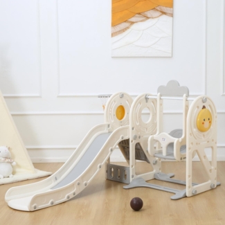 Baby Vivo Kinderrutsche / Rutsche mit Basketballkorb - Quacki in Weiß / Beige