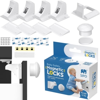 SIPO Magnetische Baby‑Sicherung für Schränke & Schubladen – 4 Unsichtbare Schlösser + 1 Schlüssel, selbstklebendes System ohne Bohren