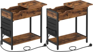 VASAGLE Beistelltisch (2-St) mit Steckdosen und USB-Anschlüsse, Holz / Stahl Vintagebraun-Schwarz, 60 x 31,5 x 60 cm