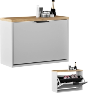 Planetmöbel Schuhschrank schmal mit 1 Klappe platzsparender Schuhregal mit 2 Ablagen, Schuhkommode für Diele, Flur, Garderobe 60 x 23 x 42,5 cm, weiß grau