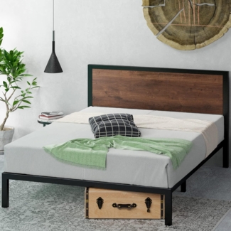 Zinus Mory Bett 160x200 cm – Höhe Bettgestell 30 cm – Bettgestell aus Metall und Holz mit Kopfteil – Braun