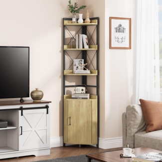 YITAHOME Eckregal mit 4 Ebenen, Industrie-Bücherregal mit Schrank, freistehendes Bücherregale aus Holz, Lagerregale für Wohnzimmer, Heimbüro, Flur, Standregal in Holzfarbe