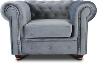 Sessel Chesterfield Asti - Couch, Couchgarnitur, Couchsessel, Loungesessel, Stühl, Holzfüße - Glamour Design, Velours (Grau (Velvet 10))