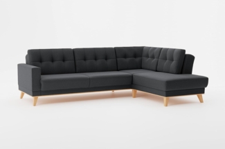 CAVADORE Ecksofa Lima mit Ottomane / L-Form-Couch mit Schlaffunktion + Bettkasten / Holzrahmen + Steppung im Rücken / Strukturstoff, Dunkelgrau