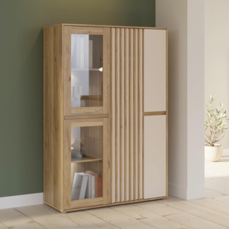 Forte ELISTON Vitrine 100 110, moderner Schrank mit Lamellendesign, 5-türig, Wohn-/Schlafzimmer, Mauvella Eiche Holzdekor|Kashmir Beige, 109,3 cm breit x 161,7 cm hoch x 41,5 cm tief