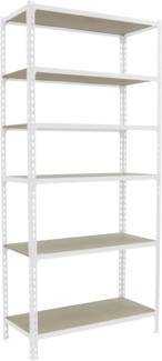 Simonrack Schwerlastregal, Lagerregal, 250 x 120 x 30 cm, Metallregal, Kellerregal, Biegestelle 200 kg, 6 Holzfachböden, Weiss/Holz - Maderclick