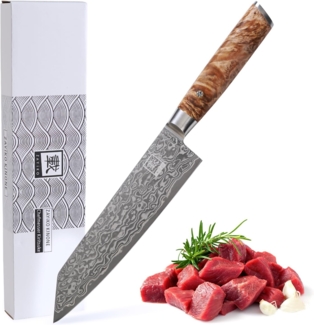 ZAYIKO Damastmesser KINONE Chefmesser Kiritsuke - 19,5cm Klinge - Wurzelholzgriff Birke - VG-10 Stahlkern