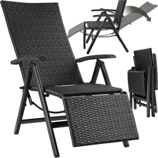 tectake® Alu Polyrattan Gartenstuhl mit Armlehnen, Campingstuhl mit 6-Fach Verstellbarer Rückenlehne, klappbar, Relaxsessel mit Liegefunktion, wetterfest, Klappstuhl mit Fußablage - schwarz