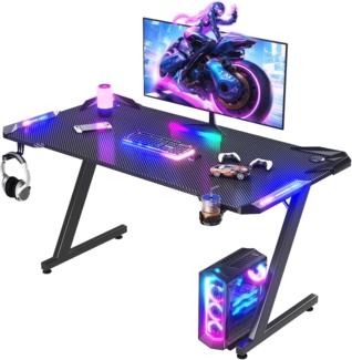 JUMMICO Gaming Tisch mit LED-Beleuchtung, RGB Gaming Tisch, Stabiler Computertisch für Homeoffice und Gamer,Gaming Schreibtisch mit Kopfhörerhalterung und Getränkehalter, 140 x 60 cm, Schwarz