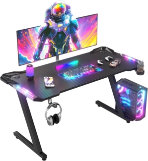 JUMMICO Gaming Tisch mit LED-Beleuchtung, RGB Gaming Tisch, Stabiler Computertisch für Homeoffice und Gamer,Gaming Schreibtisch mit Kopfhörerhalterung und Getränkehalter, 140x60 cm, Schwarz
