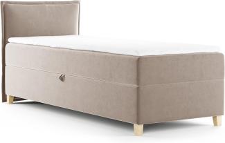 Boxspringbett Fren Mini mit Bettkasten - Einzelbett mit Bonell-Matratze und Topper, Polsterbett mit Holzfüße, Bett, Kinderzimmer (Beige (Paros 02), 80 x 200 cm)