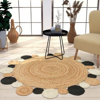 TT Home Jute Teppich Rund Wohnzimmer Esszimmer Boho Modern Handgemacht Mit Umrandung, Farbe:Schwarz, Größe:160 cm Rund