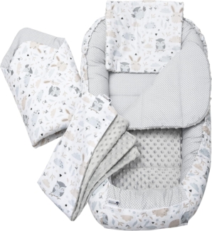 Medi Partners 5 teilig Babynestchen Set Babynest 100 x 60 x 15 herausnehmbarer Einsatz Bett Kuschelnest Krabbeldecke Babys Neugeborene 100% Baumwolle (Lichtung mit grauem Minky)