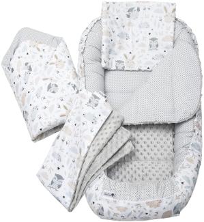 Medi Partners 5 teilig Babynestchen Set Babynest 100x60x15 herausnehmbarer Einsatz Bett Kuschelnest Krabbeldecke Babys Neugeborene 100% Baumwolle (Lichtung mit grauem Minky)