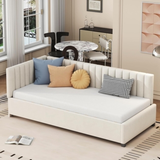 Ball & Cast Schlafsofa (90 * 200cm) Polsterbett mit Lattenrost, Tagesbett mit Armlehnen und Rückenlehne, Samt-Stoff, Ohne Matratze, Beige