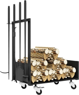 Outsunny Kaminholzregal Holzregal mit Rollen, Metall-Kaminholzhalter, BxTxH:48x30x76 cm, (mit Schaufel, Besen, Schürhaken, 1-St, mit Zange, Seitenhaken), für draußen und drinnen, Schwarz