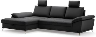 Cavadore Eckcouch Castiel mit Federkern / Ecksofa mit XL-Longchair, Bett, Bettkasten, Sitztiefenverstellung, Kopfstützen und mattschwarzen Metallfüßen / 301x89-114x176 / Echtleder, Schwarz