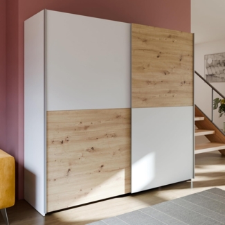 FORTE Schach & MATT Kleiderschrank 200, Moderner Schwebetürenschrank mit 2 Türen im Schachbrettmuster, Holzwerkstoff, Artisan Eiche Dekor mit Weiß, 200,1 cm breit, 190,5 cm hoch, 61,2 cm tief