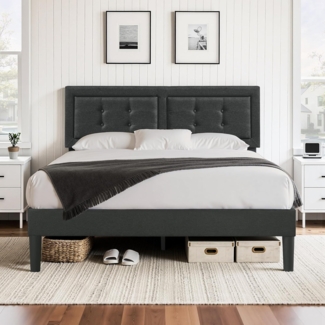 VECELO Polsterbett 140x200 cm, Doppelbett mit Höhenverstellbarem Kopfteil, Bett Bettrahmen mit Lattenrost, Gepolstertes Bettgestell Jugendbett für Schlafzimmer Gästezimmer, Dunkelgrau