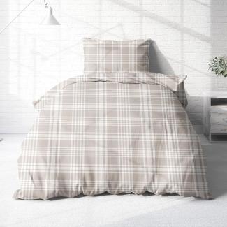 Träumschön Bettwäsche Biber 135x200 cm oder 155x220 cm, beige, grau oder blau kariert, Biber, 2 teilig, mit Reißverschluss, 100% Baumwolle, kuschelig warm im Winter