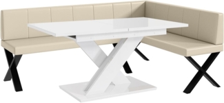 MEBLINI Eckbank für Esszimmer mit ausziehbarem Tisch - Küchenbank - Essecke - Sitzecke Küche - PETER - X-Beine 142x196x87cm Rechts - Creme Kunstleder/B Weiß Hochgl.