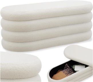tectake® Sitzbank mit Stauraum, Scandi Sitzhocker, Hocker mit Stauraum, Teddy Stoff, Pouf, Polsterhocker, Sitztruhe, Truhe mit Deckel, Truhenbank mit Stauraum, Möbel für Wohnzimmer - Bouclé créme-weiß