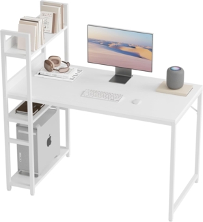 CubiCubi Schreibtisch, 120x60 cm Groß Computertisch mit Regal rechts oder Links, Pc Gaming Tisch, Bürotisch fürs Büro Wohnzimmer, Stabil Stahlgestell schreibtische, Weiß