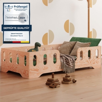 smartwood TILA 2 Kinderbett 90x190 mit Rausfallschutz und Lattenrost - Bodenbett Kinder Naturholz - Montessori Bett mit glatten Kanten - Betten für schnelle Montage - Bis zu 95 kg