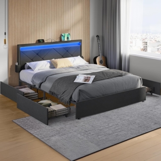 VASAGLE Doppelbettgestell, Bettgestell, 140 x 200 cm, LED, Metallbett, 4 Schubladen, Ladestation, verstellbares gepolstertes Kopfteil, schiefergrau RMB827G02